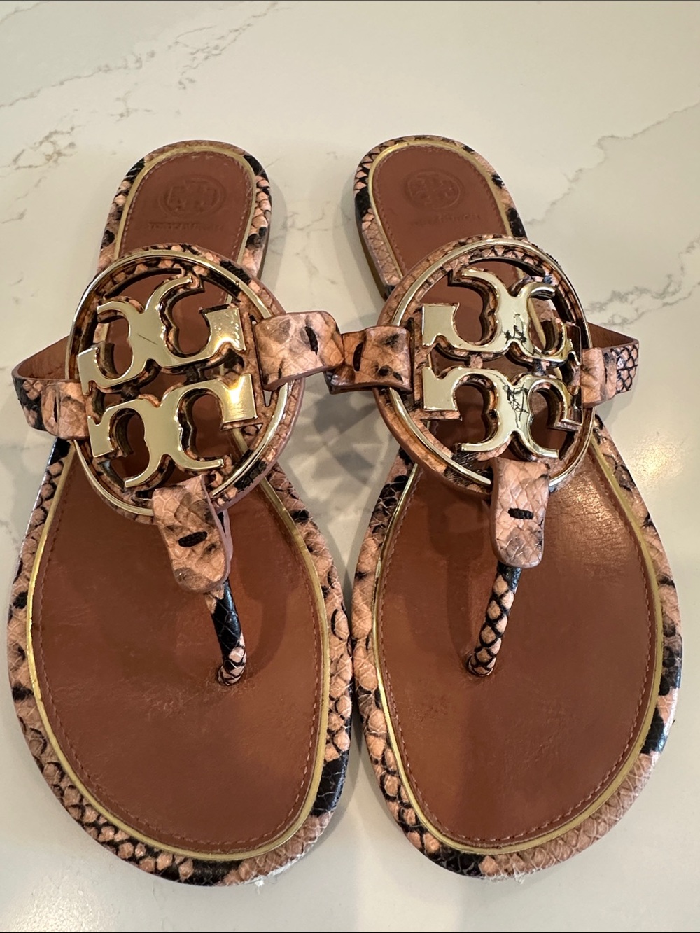 Tory Burch Metal Miller Snake Print Leather Sandals Gold Size 9